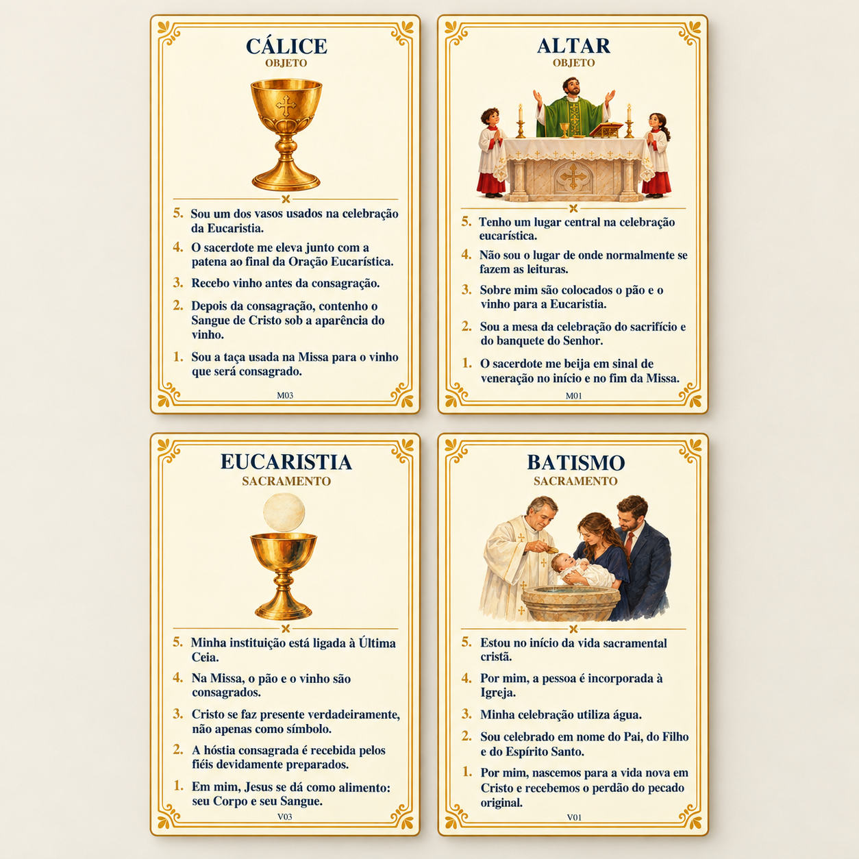 Cartas de Cálice, Altar, Eucaristia e Batismo, nas categorias Objeto e Sacramento.
