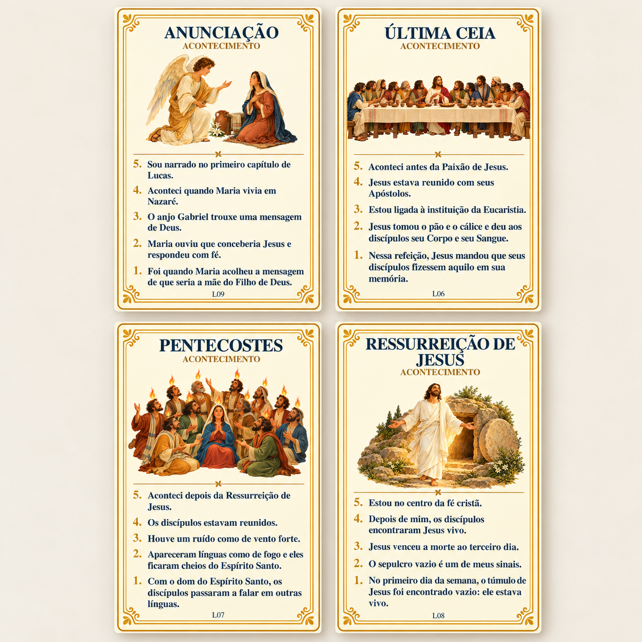 Cartas da Anunciação, Última Ceia, Pentecostes e Ressurreição de Jesus.