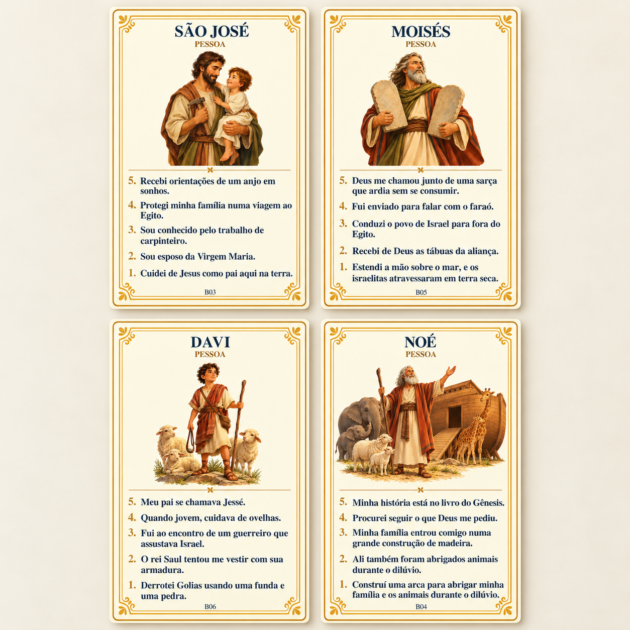 Cartas de São José, Moisés, Davi e Noé, com ilustrações e cinco pistas.