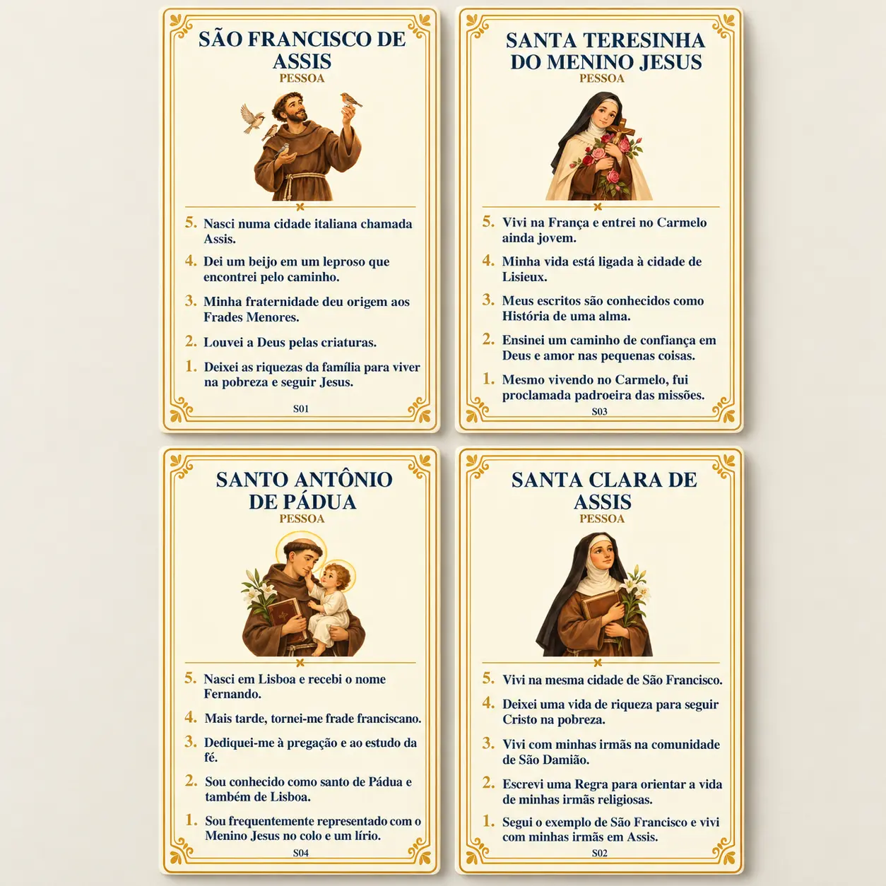 Quatro cartas ilustradas: São Francisco de Assis, Santa Teresinha, Santo Antônio de Pádua e Santa Clara de Assis.