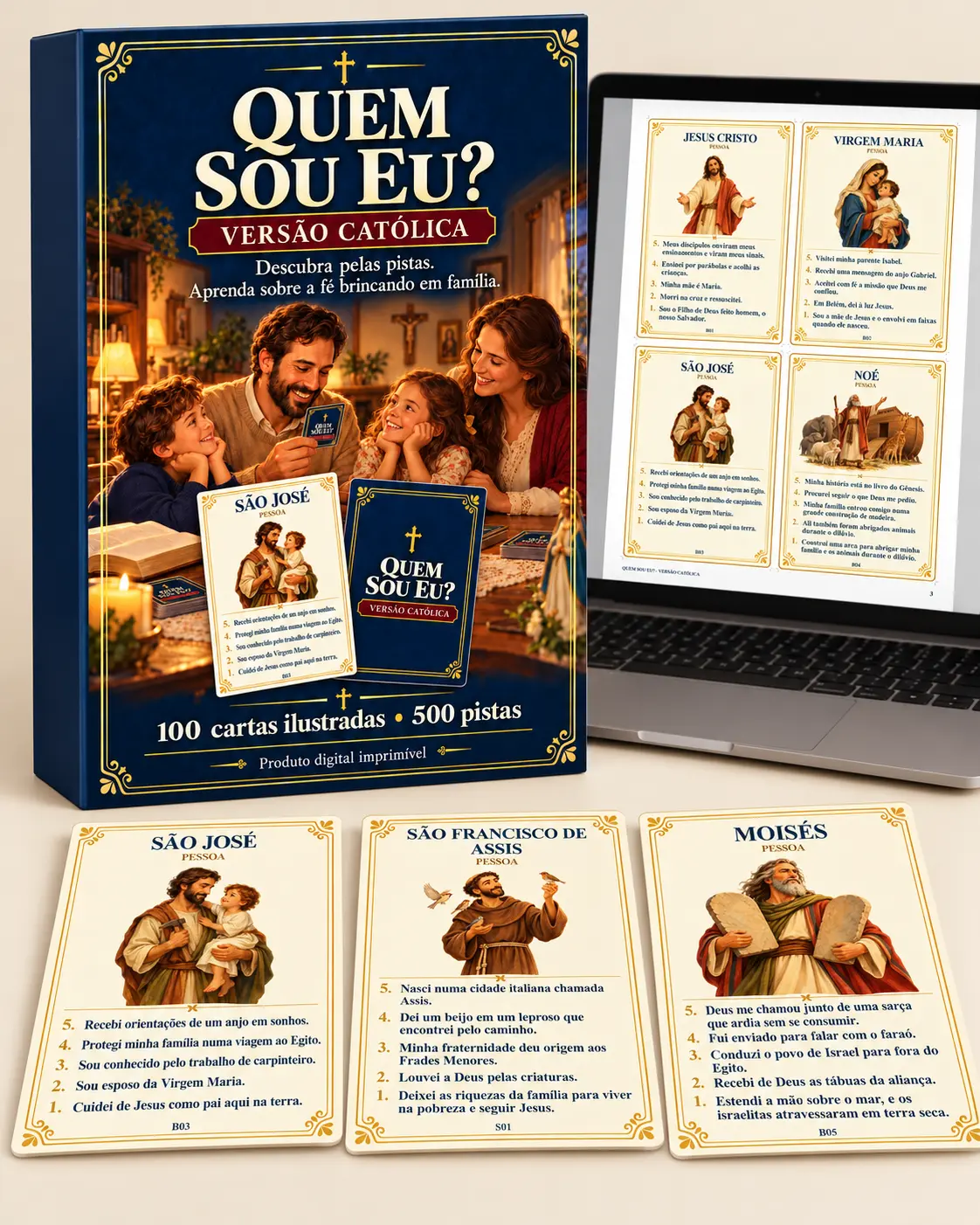 Apresentação do jogo Quem Sou Eu? — Versão Católica, com capa, PDF na tela e três cartas ilustradas.
