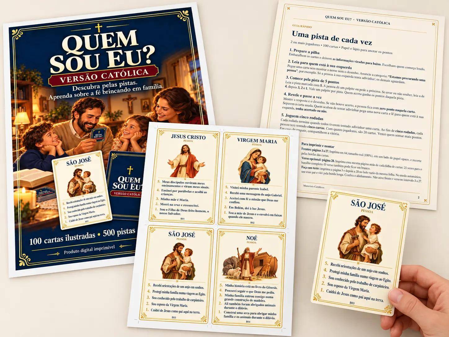 Capa, guia rápido e folha de cartas do PDF, com uma mão segurando a carta de São José recortada.